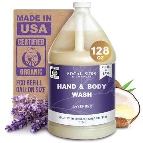 SoCal Suds & Company 128oz Certified Organic Hand & Body Wash w/Shea Butter- Gentle Natural Body,Baby & Face Wash for Sensitive Skin, Moisturizing Thick Castile Soap, Hand Soap and More - Lavender