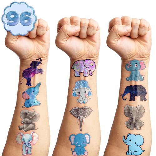 101 PCS Cute Elephant Temporary Tattoos Themed 1st Birthday Party Decorations Supplies Favors Decor Baby Pink Blue Animal Tattoo Stickers Gifts For Boys Girls Classroom School Prizes Carnival Cartoon