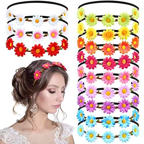 Chunyin 24 Pieces Multicolor Flower Headbands for Women Floral Flower Crown Hippie with Adjustable Elastic Hair Band Hair Accessories for Festival Wedding Party(Vivid)