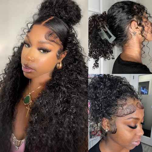 360 Deep Wave Lace Front Wigs Human Hair 28 Inch Curly Wig Hidden Strap HD Full Lace Human Hair Wigs Pre Plucked with Drawstring 180% Density Deep Curly Glueless Wigs Human Hair for Women