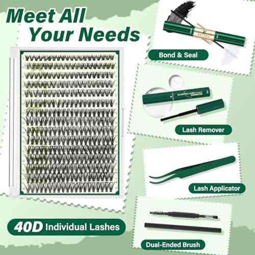 KEYYOU Lash Extension Kit DIY 300Pcs Lash Clusters Eyelash Extension Kit 40D 0.07 D Curl 9-18MIX Lash Clusters Kit with Lash Glue Remover Applicator Easy to Use for Beginners(Kit,40D-D,9-18MIX)