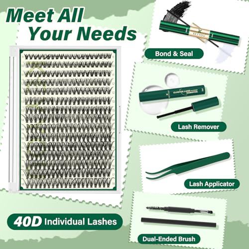 KEYYOU Lash Extension Kit DIY 300Pcs Lash Clusters Kit 40D 0.07 D Curl 9-18MIX Eyelash Extension Kit Individual Lashes Kit with Lash Bond and Seal, Lash Tweezers and Remover for Self Use