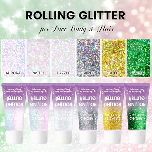 Pastel Rolling Glitter, Shimmer Gel for Face Body & Hair, Sparkling Holographic Roll-on Sequins for Singer Concert Rave Festival Halloween Party Carnival, 1.7 fl.oz