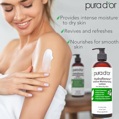 PURA D'OR HydraRenew Intense Moisturizing Lotion for Ultra Dry Skin ? Hand & Body Cream with Cocoa & Shea Butters, Hyaluronic Acid, GHK-Cu Copper Tripeptide-1, Marine Collagen, Plant Stem Cells, 16 oz