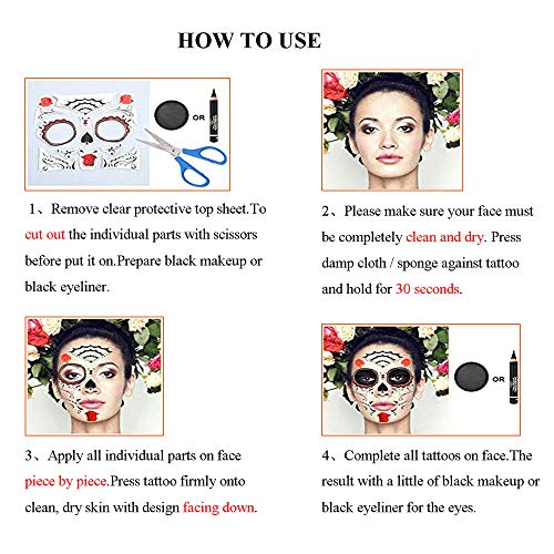 Day of the Dead Face Tattoo Halloween Makeup Tattoos Decor Stickers Sugar Skull Temporary Tattoo for Halloween Masquerade Party with Floral, Glitter Roses, Web and Floral Skeleton Design 5 PACK