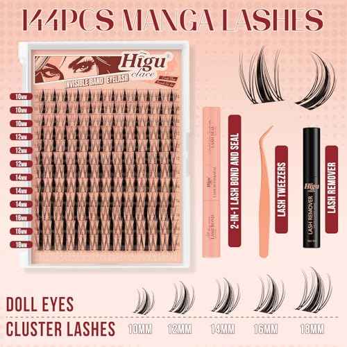Higu clace Fairy-Lash-Clusters,144PCS Manga Lash-Clusters-Kit DIY Cluster Eyelash Extensions 10-18 mm, D Curl Lash Extension Kit with Lash Bond and Seal, Tweezers and Remover(Fairy-Kit-144pcs)