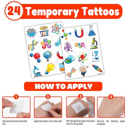 48PCS Science Party Favors - 24PCS Temporary Pre - Cut Tattoos & 24PCS Slap Bracelets - Fun STEM-Themed Birthday Supplies, Baby Shower Gifts, Classroom Rewards & Party Decor for Kids (Boys & Girls)