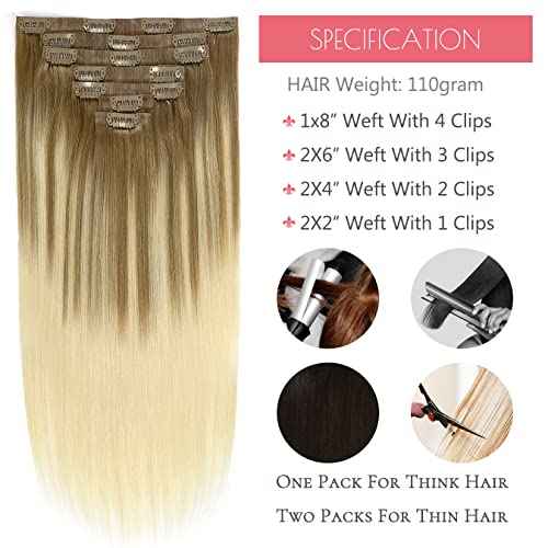 Loxxy Seamless Clip in Extensions Remy Human Hair Thick End Invisible Balayage PU Clip in Skin Weft Hair Extensions Natural Straight 16Inch 110gram 7 PCS Light Brown Fading To Bleach Blonde #B8/60