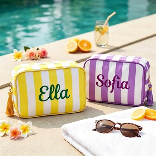 Personalized Embroidered Striped Cosmetic Bag with Name - Waterproof Travel Makeup Case