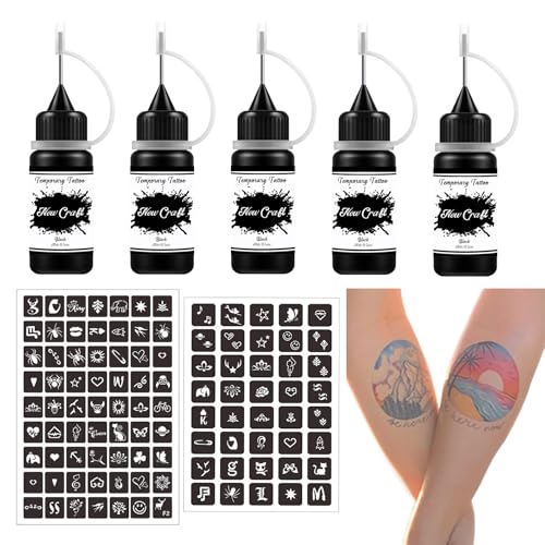 Temporary Tattoo Kit with 64 Stencils & 5 Ink Bottles