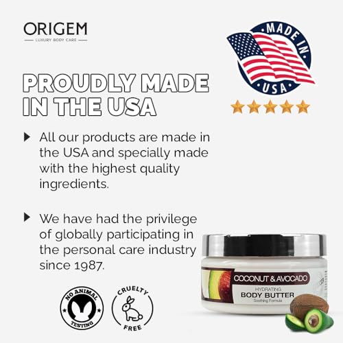 ORIGEM Body Butter for Dry Skin ? Deep Hydration & Skin Repair ? Coconut, Avocado, Shea & Argan Oil ? Vitamin E Moisturizer for Women ? Non-Greasy Body Cream ? 8 Oz