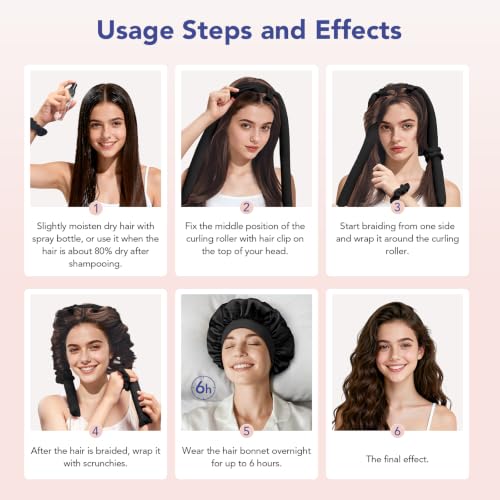 LitBear Black Heatless Curlers Set with Bonnet & Accessories for Long & Medium Hair