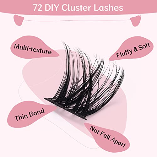 Cluster Lashes, 72 Pcs Individual Lashes, Lash Clusters DIY Eyelash Extension, Super Thin Band Reusable Soft & Comfortable (Pearl-D-12mm)