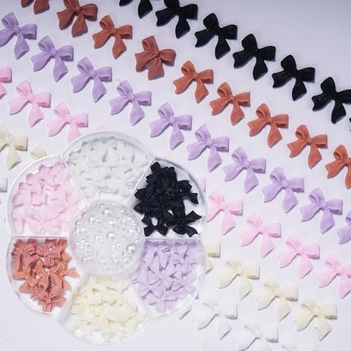 Color Bows Nail Charms Pink White Purple Beige Black Bowknot 3D Cute Nail Charms White Flatback Nail Pearls for Manicure DIY Crafts Jewel Accessories