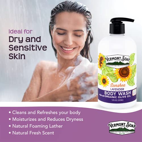 VERMONT SOAP Body Wash, Natural Body Wash with Shea Butter, Mild Gel Body Wash for Moisturizing and Soothing Skin, Fragrance Free Body Wash for Women & Men (Lavender Ecstasy, 12oz)