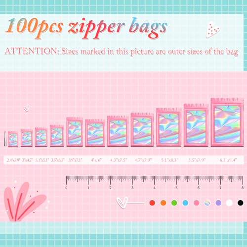 Pink 3x4.7 Inch Resealable Holographic Mylar Bags for Food & Cosmetics - 100 pcs