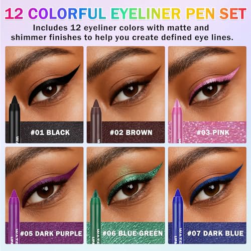 12-Color Eyeliner Pencil Set - Waterproof Matte & Metallic
