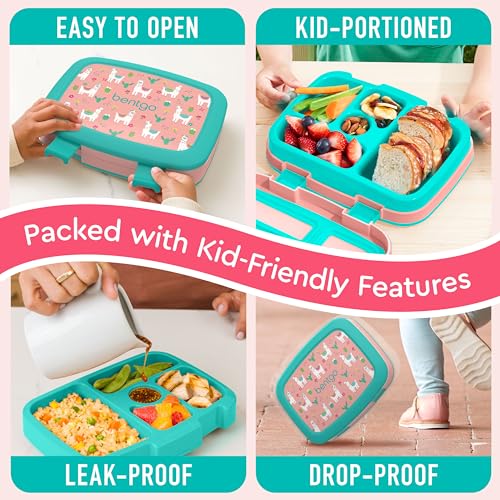 Bentgo Kids Prints Leak-Proof, 5-Compartment Bento-Style Kids Lunch Box - Ideal Portion Sizes for Ages 3-7, Durable, Drop-Proof, Dishwasher Safe, & Made with BPA-Free Materials (Llamas)