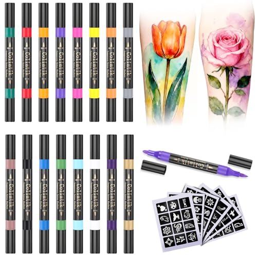 Temporary Tattoo Markers Kit – 16 Colors & 80 Stencils