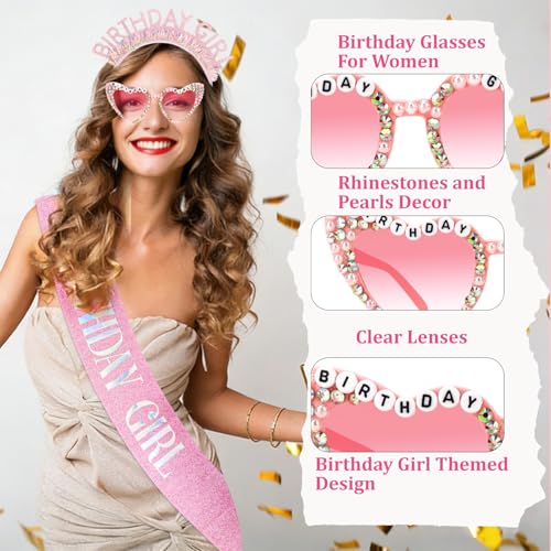 Birthday Girl Sash Headband Glasses Tiara Set Pink