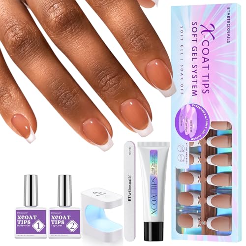 BTArtboxnails French Gel Nail Kit - French Tip Press on Nails Brown Short Coffin XCOATTIPS Pre-applied Tip Primer & Base Coat Fake Nails for Nail Art DIY