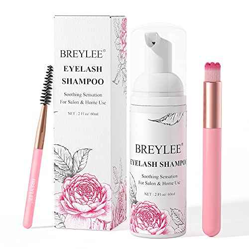 BREYLEE Eyelash Cleanser, Shampoo Foam & Brushes Eyelid Cleanser for Makeup Remover Paraben & Sulfate Free for Salon and Home Use(60ml, 2 fl oz)