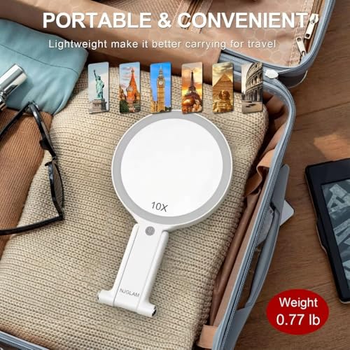 NJ GLAM LED Lighted Makeup Mirror 1X/10X Magnification with 3 Light Modes, Rechargeable Portable Vanity Mirror with Adjustable Stand