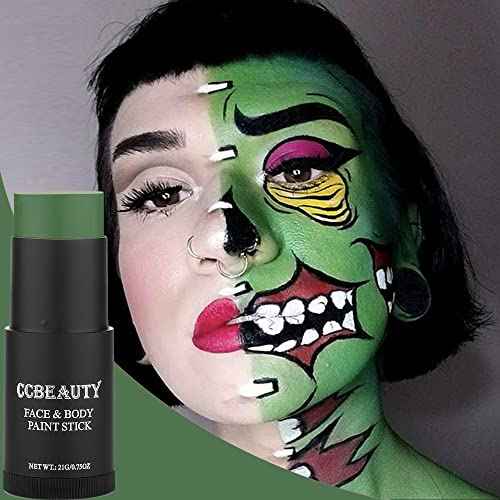CCbeauty Witch Green Face Paint Stick, Face Painting Kit, Dark Green Cream SFX Makeup Foundation, Professional Body Paint for St. Patrick's Day, Halloween Costume Party, Grinch Hulk Monster Makeup