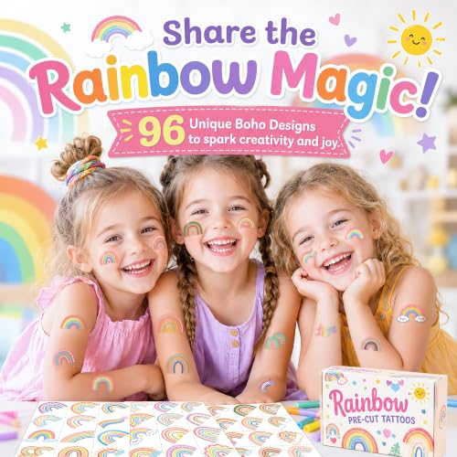 Pastel Rainbow Temporary Tattoos for Kids - 96 Designs