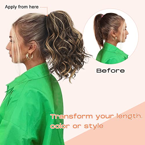 SEIKEA 10" Highlight Ponytail Extension Claw Short Thick Wavy Curly Jaw Clip in Fake Pony Tails Fake Hair Soft Natural Looking Synthetic Hairpiece for Women Medium Blonde with White Blonde Highlights