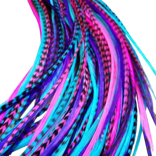 Feather Hair Extensions Kit - Pink, Purple & Turquoise 9-12" with Beads