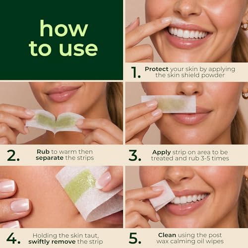 Facial Wax Strips for Hair Removal - 20 Count Hypoallergenic Kit with Calming Wipes & Powder - Sensitive Skin