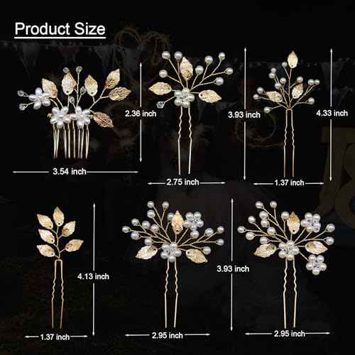 6 Pieces Bridal Wedding Hair Pins Gold Leaf Hair Pins Clips Crystal Pearl Flower Headpiece Vintage Wedding Hair Accessories for Brides Bridesmaids Women Girls