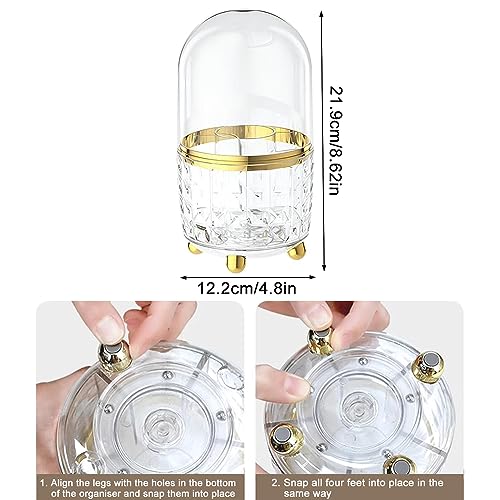 Makeup Brush Holder with Dustproof Lid, 360¡Æ Rotating Makeup Organizer, Spinning Cosmetic Organizer Pen Holder for Vanity Bathroom (Clear Gold)