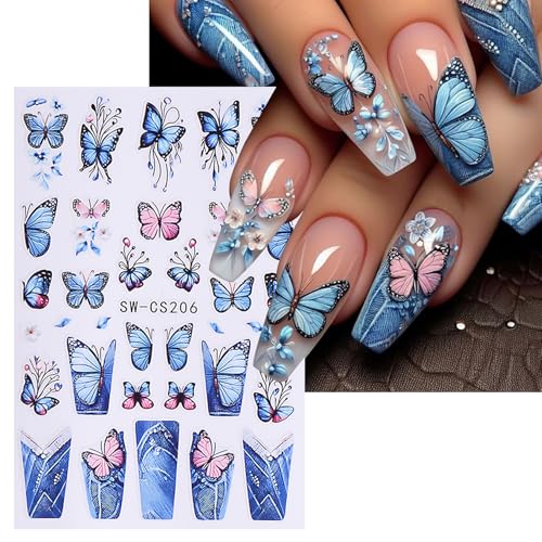 Flower Stickers for Nail Art Decals - 12 Sheets Spring Butterfly Nail Stickers with Tweezers 3D Floral Leaves Plant Nail Art Designs DIY Self Adhesive Daisy Blossom Nail Supplies Decorations