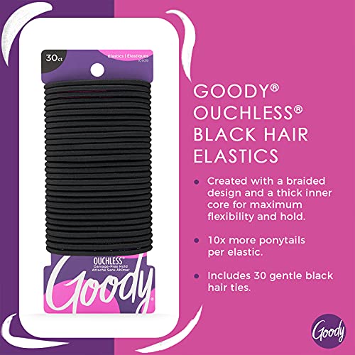 Goody Ouchless Elastic Hair Ties Pack of 30, Black, 4MM Rubber Bands, Pain-Free Hair Accessories