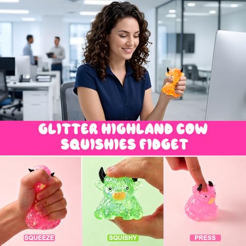 Blue Glitter Highland Cow Stress Relief Fidget Toy - Sensory Squeeze Ball, Anxiety & Desk Decor