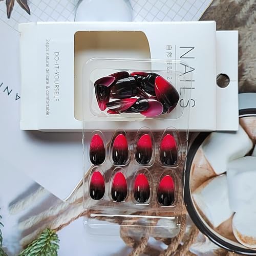 30 Pcs Halloween Press on Nails Short Almond - SHANRUN Rose Red Black Ombre Fake Nails Press ons French Nail Art Tips Glue on Nails Stick on Nails Full Cover Acrylic False Nails with Glitter Design