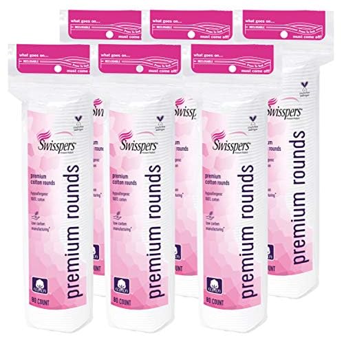 Swisspers Premium Cotton Rounds, Hypoallergenic, 80 Count, Pack of 6 (480 Rounds Total)