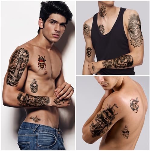 77 Pirate Temporary Tattoos - Nautical Sleeve Fake Tattoos