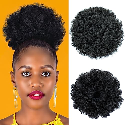 QTHQTFL Large Afro Puff Ponytail, Short Synthetic Afro Puff Ponytail for Natural Hair Extensions for Black Women(Natural Black 1B#)