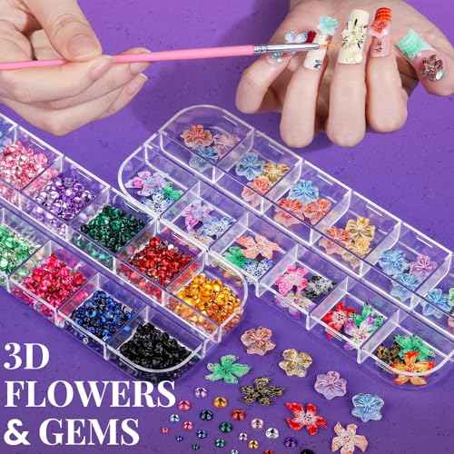 FANDAMEI Nail Art Brushes, Nail Art Kit with 15 Pcs Nail Art Brush, 5 Pcs Dotting Tools, 6 Box Nail Charms and Gems, 10 Sheet Flower Nail Stickers, Complete Nail Decoration Art with Nail Art Brushes