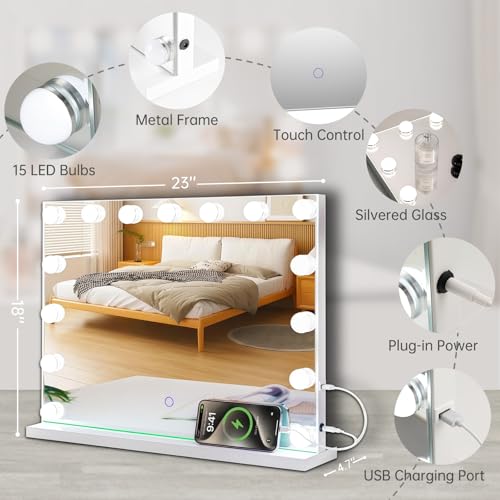 Hollywood Vanity Mirror with Lights 23" x 18" - 15 LED Bulbs, 3 Color Modes, 10x Magnifier