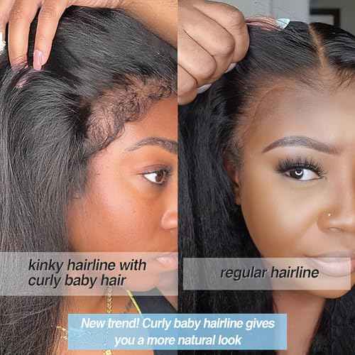 4C Edge Kinky Straight Human Hair Wigs 13x6 HD Lace Front Wigs Human Hair 250% Density Wig With Curly Edges Baby Hair For Black Women Natural Color 22 Inch