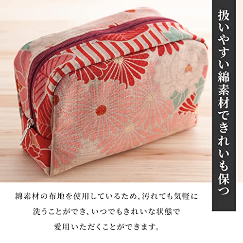 Small Makeup Bag (Retro Flower Red), Made in Japan Japanese Kimono Design,Zipper Cosmetic Travel Toiletry Pouch for Women Girls