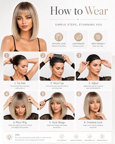 Light Gold Bob Wig with Bangs 12 Inch Short Straight Heat Resistant