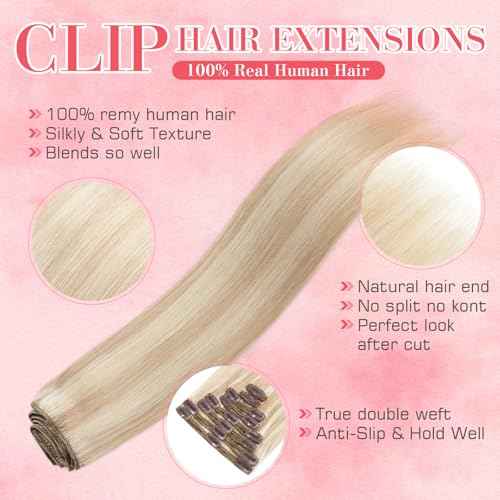 S-noilite Clip in Hair Extensions Human Hair, Ash Blonde to Bleach Blonde Balayage Remy Hair Extensions Double Weft 10 Inch Short Black Human Hair Extensions Clip ins for Women 110g 8pcs(#18P613)