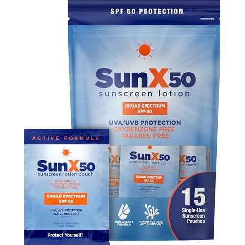 CoreTex Sun X 50 SPF Broad Spectrum Sunscreen Packets with Resealable Travel Bag - Pack of 15 Paraben, Oxybenzone, Octinoxate, & Oil Free Sunscreen - Water Resistant Up to 80 Minutes