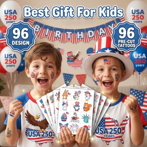 96 Patriotic Temporary Tattoos for Kids | Pre-Cut USA