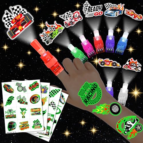 72 PCS Race Car Party Favors ? 48 PCS Tattoos & 24 PCS LED Finger Lights Combo ? Birthday Goodie Bag Fillers, Party Supplies, Gifts Light Up Toys Glow In The Dark for Boys and Girls